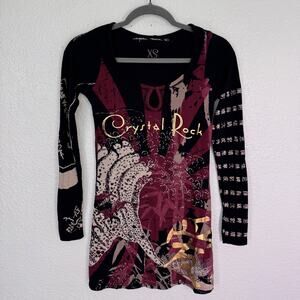 Christian Audigier Crystal Rock Shirt Women XS Y2K Tuni Tsunami Rhinestone Tunic